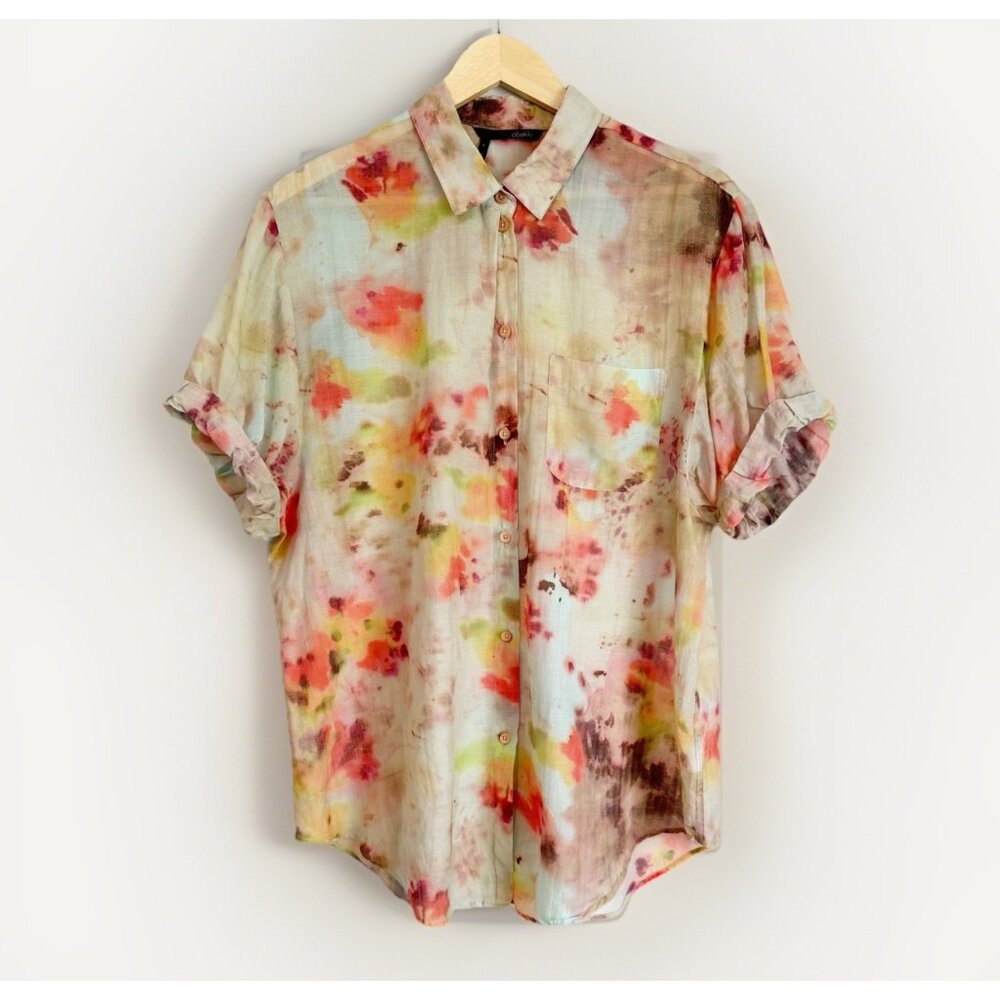 Obakki Women’s 12 Watercolor Floral Silk Button Down Top Designer Office Casual